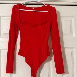 Red Square Neck Long Sleeve Bodysuit